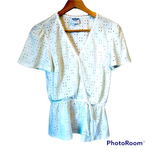 Late August Tops - Late August Shirt Women’s Size Medium White Eyelet Wrap Blouse Peplum Hem